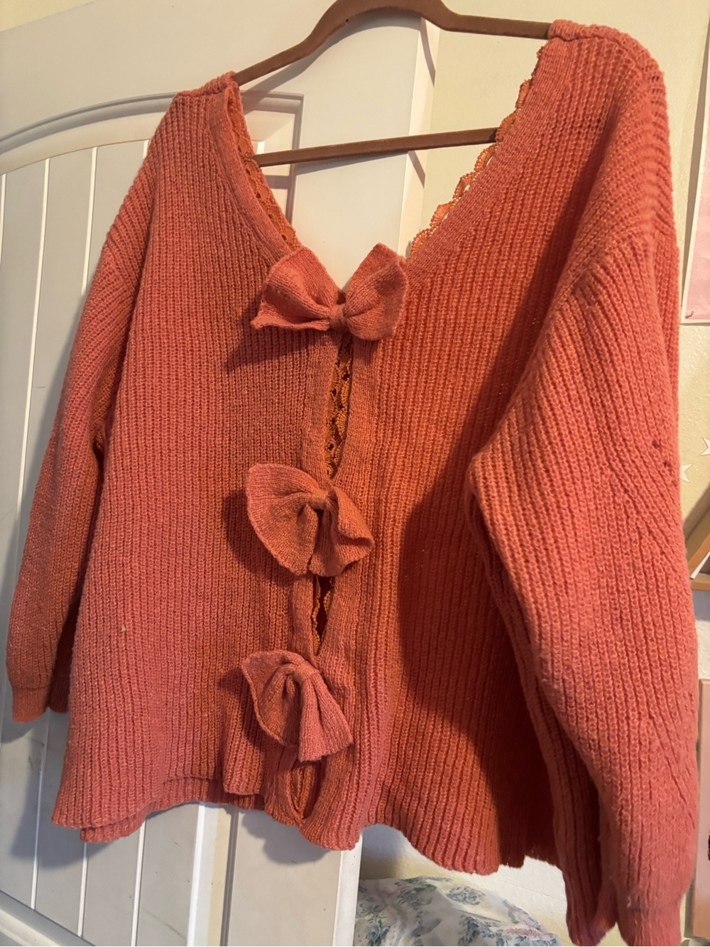 SHEIN Coral Bow-Back V-Neck Knit Sweater